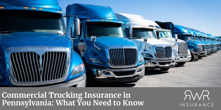 Commercial semi-trucks lined up in a row, representing commercial trucking insurance in Pennsylvania - rwrtruckinginsurance.com