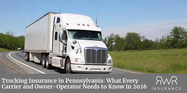 A graphic illustrating trucking insurance options available in Pennsylvania, featuring trucks and policy documents